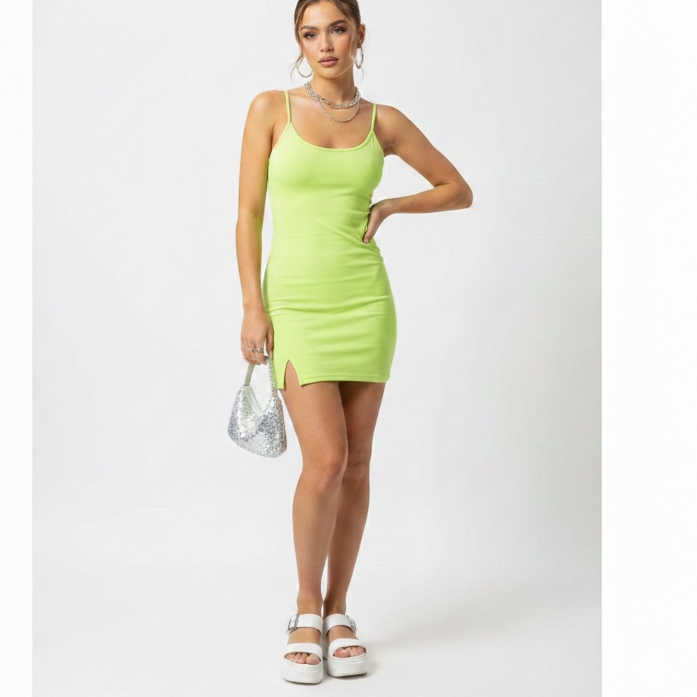 Y2K Derek Heart Neon Lime Bodycon Mini Dress S Cami Wrap Front Party summerdress